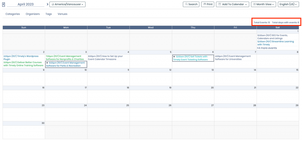 print screen Timely month view calendar with event count 