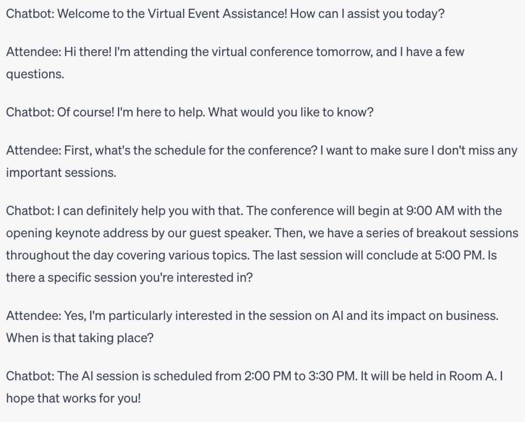 Screenshot of a chatbot exchange example for an online event