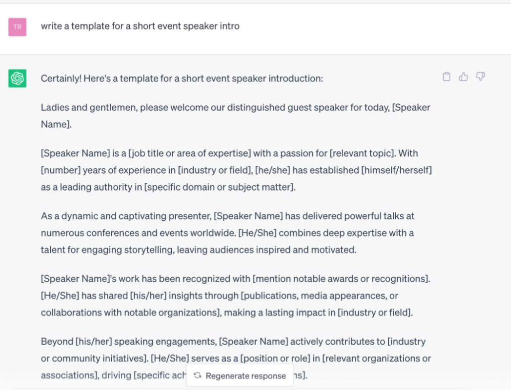 ChatGPT screenshot of an exchange asking for a template for a short event speaker intro and the answer