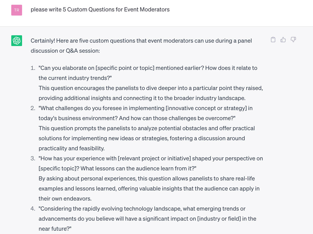 Screenshot of ChatGPT chat example asking for 5 general questions for moderators and the technology generated answer