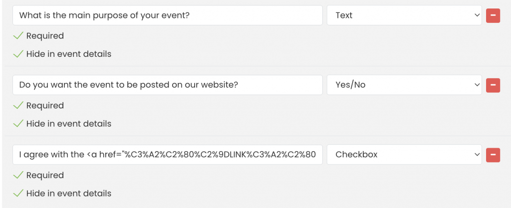 print screen of Timely event software custom fields on event submission form