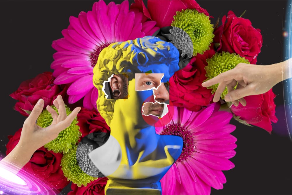Colorful image of flowers and cut-outs forming a human face representing creativity in image creation with AI tools.