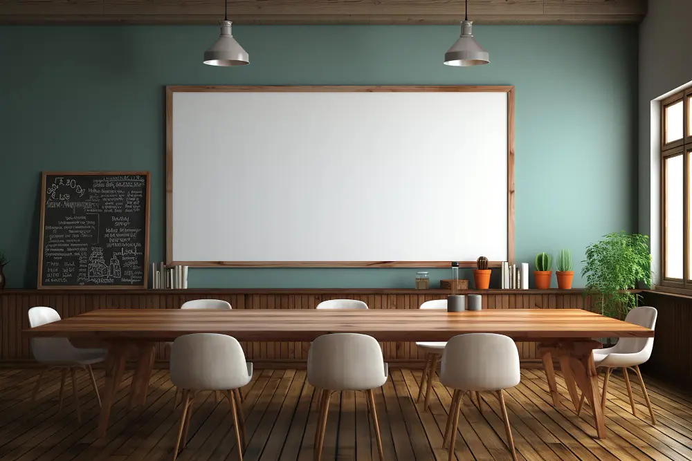 a beautiful modern green office room with a wide whiteboard on the wall to represent the idea behind the name "whiteboard app".