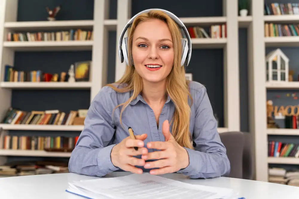 A young professional woman sitting at a modern home office describing how Timely software helps to sell online courses from your own website.