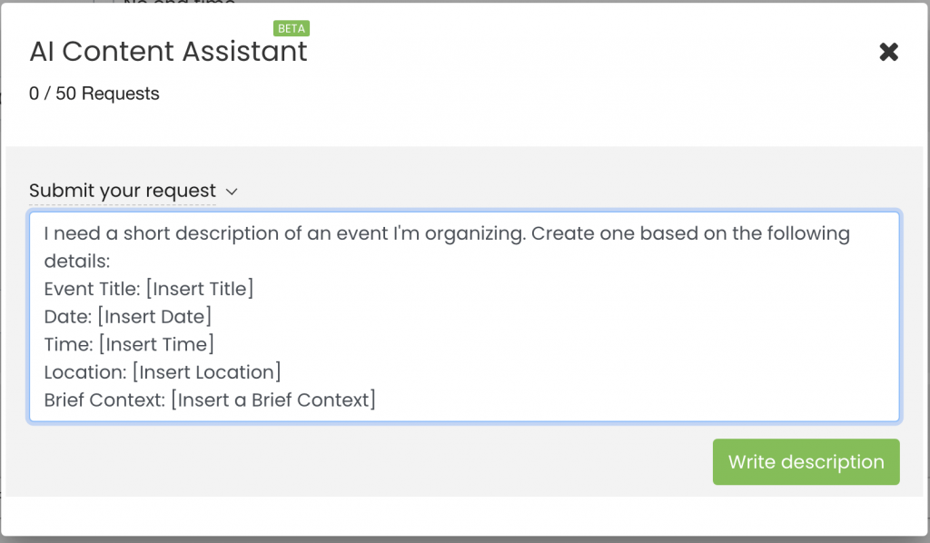 print screen of Timely event management software AI Content Assistant, which helps event organizers create engaging event descriptions with ease