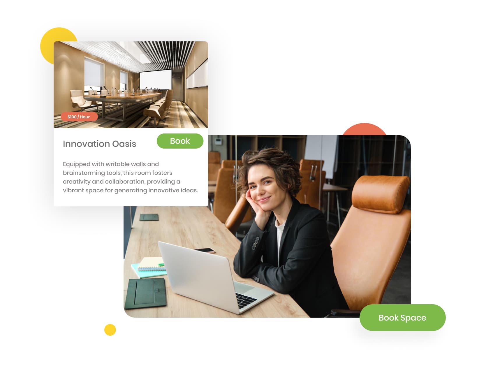 the description of specific meeting room available for rental next to an image of a professional young woman with short brown hair.