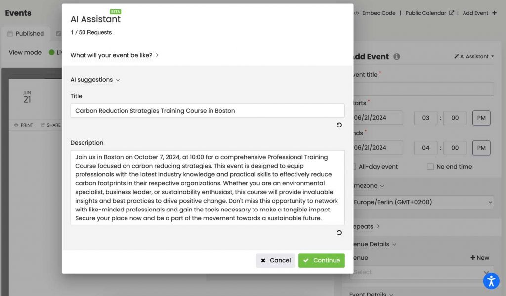 Screenshot of Timely software AI feature for creating training course titles and descriptions