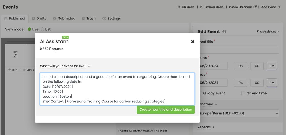 Screenshot of Timely AI Assistant feature for training management