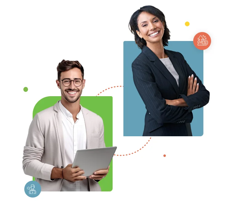 Smiling man with a tablet and a confident woman, representing Timely's partnership program for professionals.