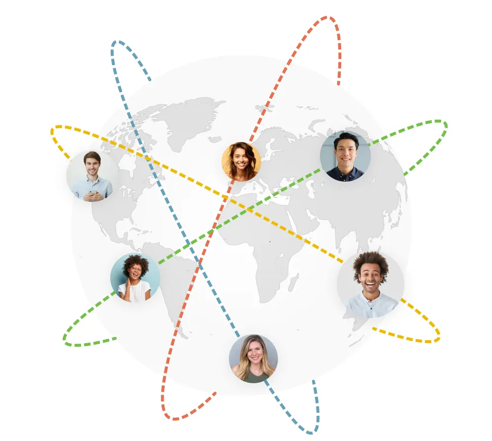 A world map with smiling people connected by colorful lines, representing Timely's global partnership program for professionals.