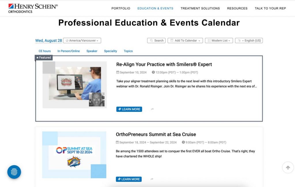 Professional education and events calendar for Henry Schein orthodontics.