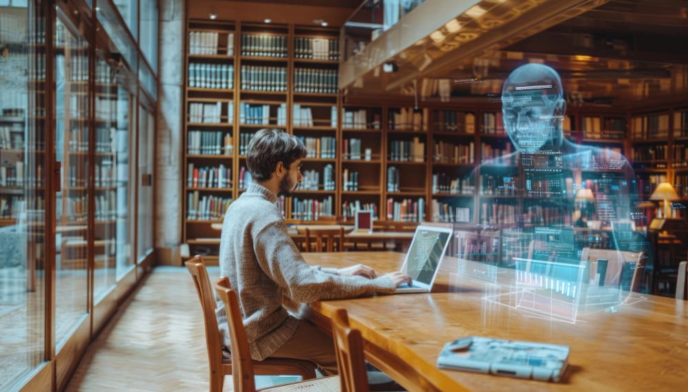 ung mand, der bruger AI på biblioteket for videregående uddannelser