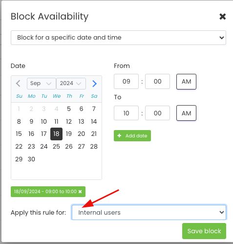 Timely option de gestion des lieux pour bloquer des dates spécifiquement pour un certain utilisateur.