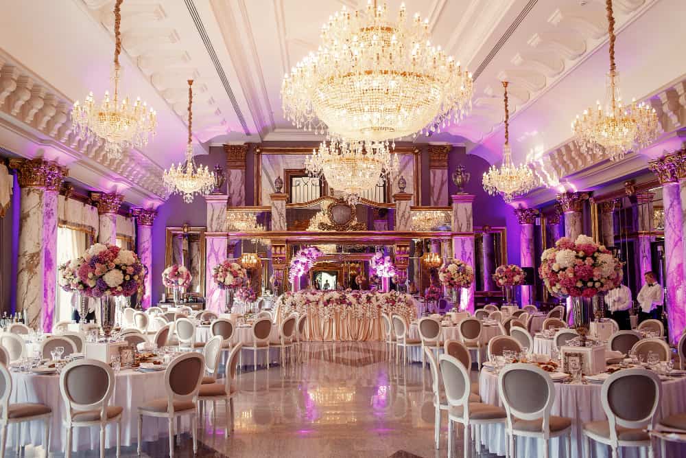 Beautiful ballroom venue with chandeliers. 