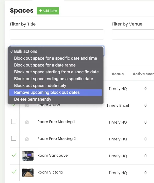 Timely dashboard option to manage and remove block out dates in bulk from spaces.