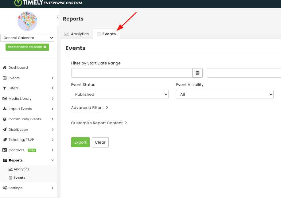 Timely's dashboard view, on the Reports area, on the Events tab.
