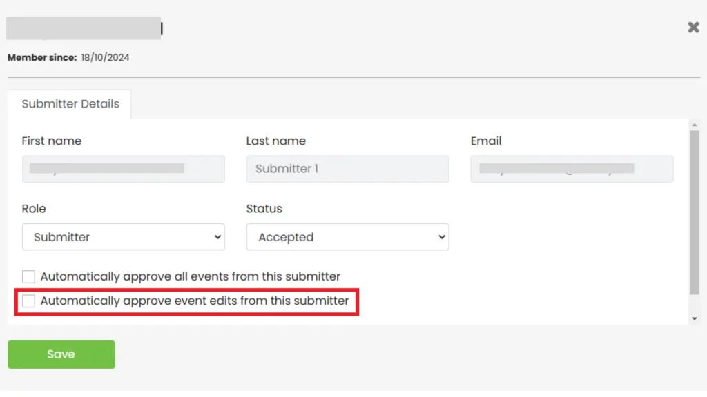 Overview of submitter's card with option to automatically approve event edits from this submitter in our Product Update January 2025.