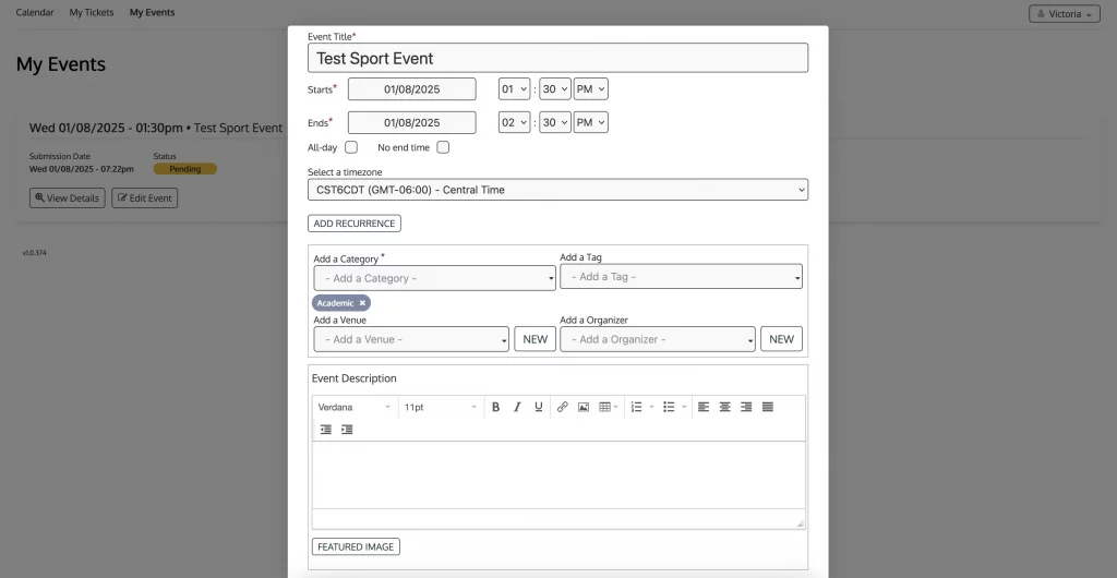 Formulier voor het indienen van evenementen met informatie.