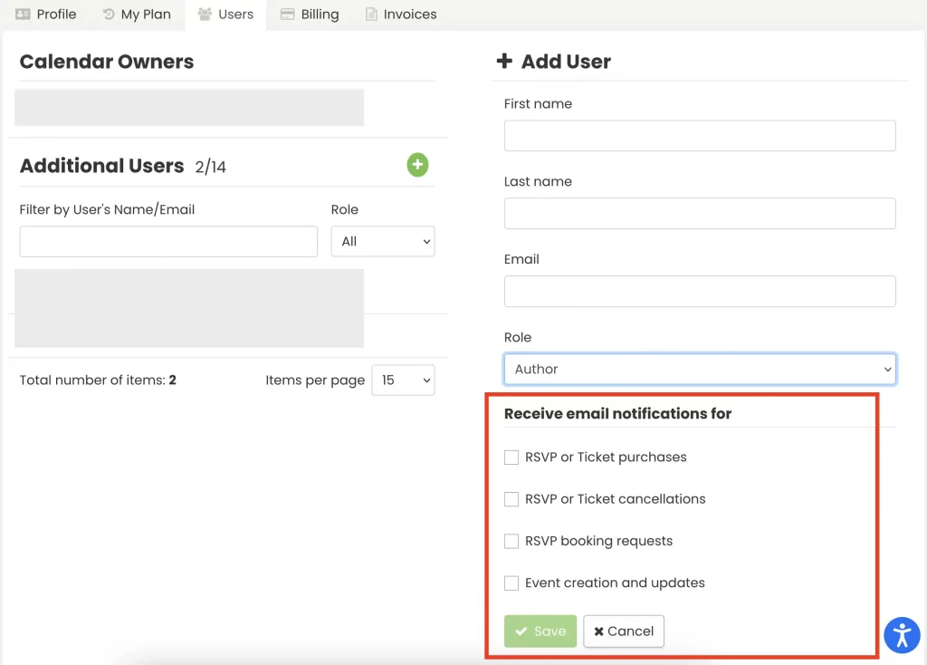 Paramètres de notification par e-mail de l'utilisateur du calendrier.