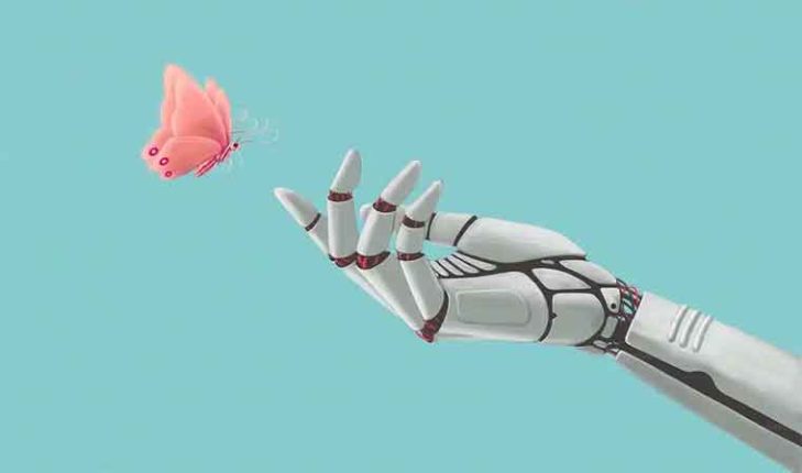 Ein Roboter mit künstlicher Intelligenz, der einen Schmetterling berührt, repräsentiert KI als Trend in der HR-Technologie