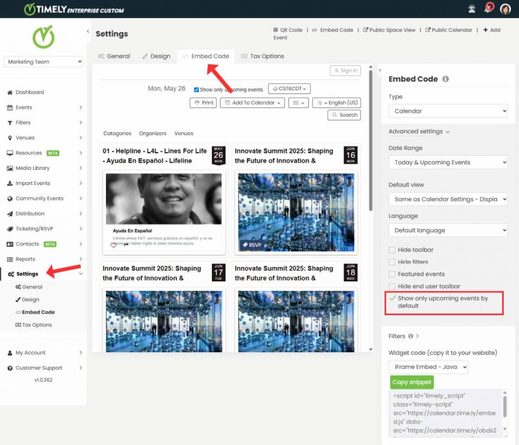 Configuración de código de inserción para mostrar solo los próximos eventos.