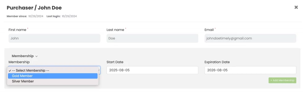 Contact form with membership options.