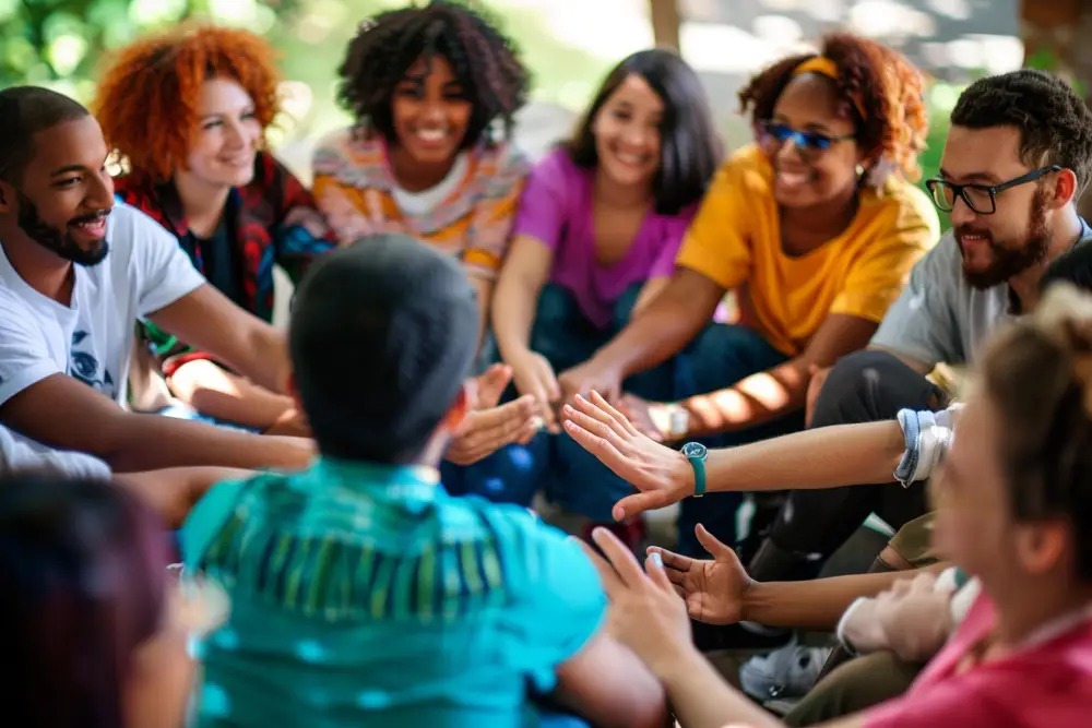 Event organizers happily putting their hands together after learning how to plan a community event.