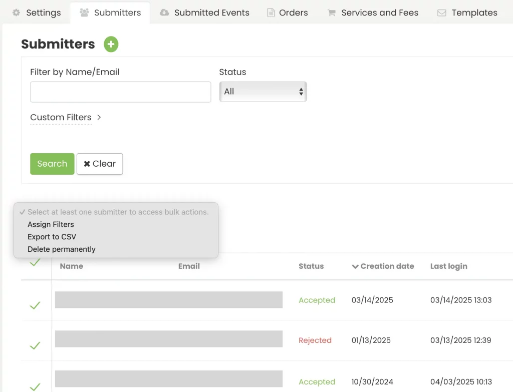 Community Events: Delete Submitters in Bulk