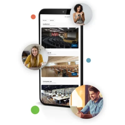 mobiltelefon, der viser spillesteder til booking med Timely rumplanlægningssoftware
