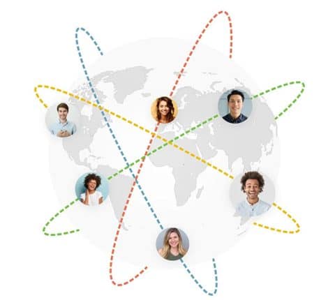A world map with smiling people connected by colorful lines, representing Timely's global partnership program for professionals.