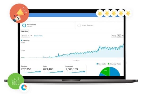 Timely event ticketing software dashboard on a computer showing ticket sales increase on analytics