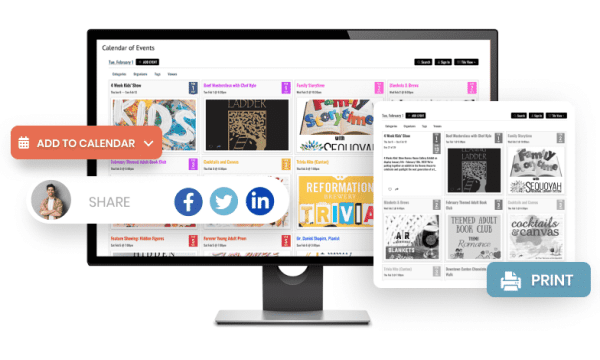 Computer mit Timely Veranstaltungsbuchungssoftware, Freigabesymbole und gedruckte Veranstaltungsseite