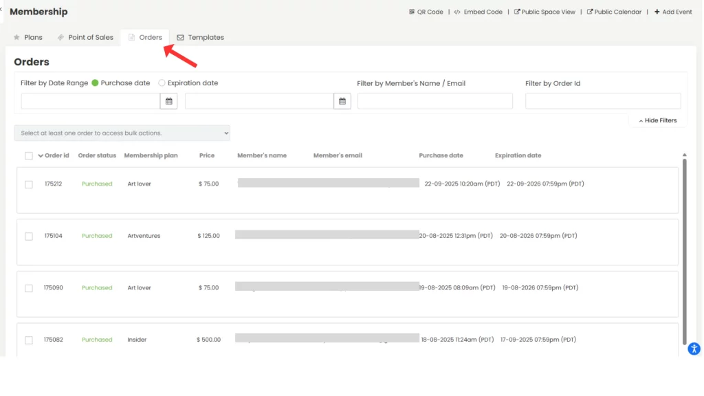 New orders tab for memberships.