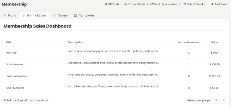 The membership dashboard within Timely.