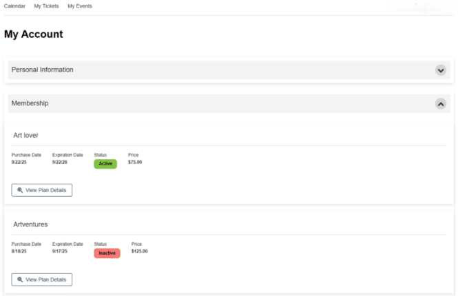 Public view of the my account area for event submitters.