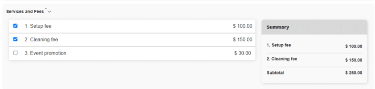 Services and fees within the submission form.