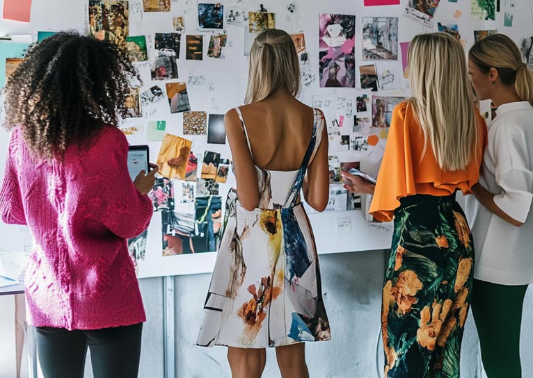 Ryhmä nuoria tapahtumasuunnittelijoiden ammattilaisia ​​järjestelee inspiroivista kuvista koostuvaa seinää.