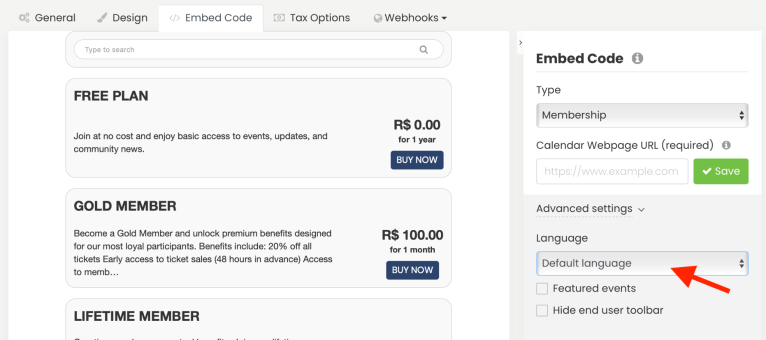 Il codice incorporato è impostato per i piani di abbonamento con la possibilità di selezionare una lingua preferita.