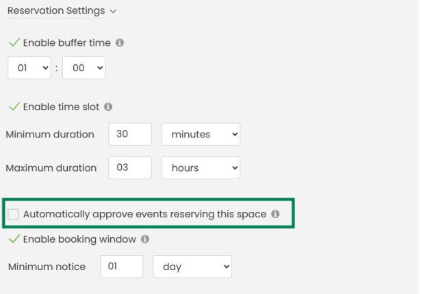 Agora é possível configurar individualmente os espaços para aprovar automaticamente as reservas assim que forem efetuadas.