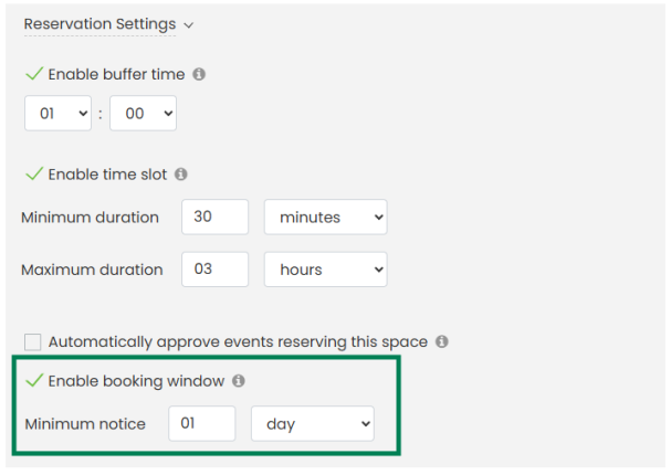 Os administradores agora podem definir um período de reserva para espaços individuais, estabelecendo com quanta antecedência um espaço deve ser solicitado.
