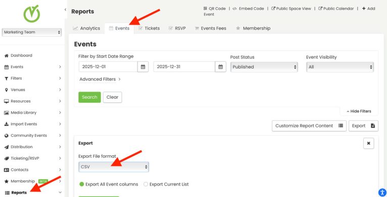 Relatórios > Eventos aprimorados em Timely painel de controle, após a atualização do produto para janeiro de 2026.