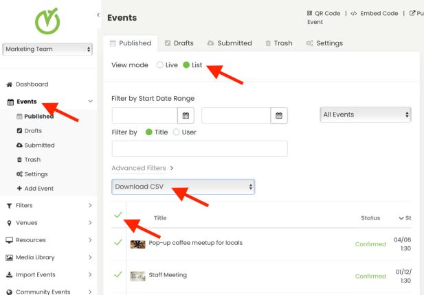 Visualização da lista de eventos em Timely painel de controle, após a atualização do produto para janeiro de 2026.