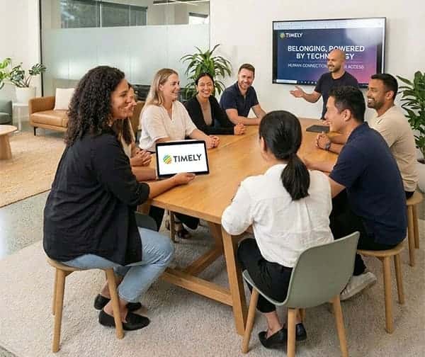 Groupe d'employés de Timely Entreprise dans une salle de réunion