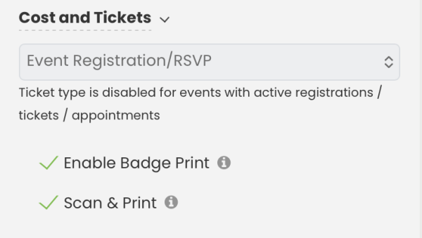 Options d'impression de badges lors de la création d'événements