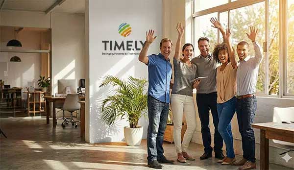 Timely L'équipe de l'entreprise salue et sourit au bureau