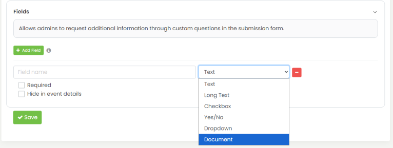 Community Events: Document Upload Fields