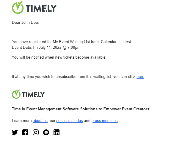 exemplo de novo modelo de e-mail que é enviado aos assinantes da lista de espera 