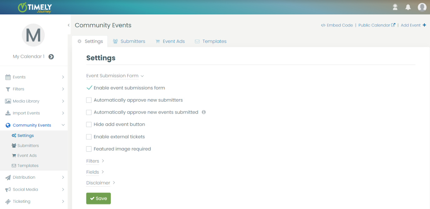 captura de tela de Timely software de gerenciamento de eventos mostrando o novo menu de eventos da comunidade