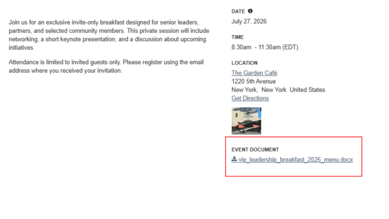 Uploaded files appear on the Event screen and Event preview with a download link