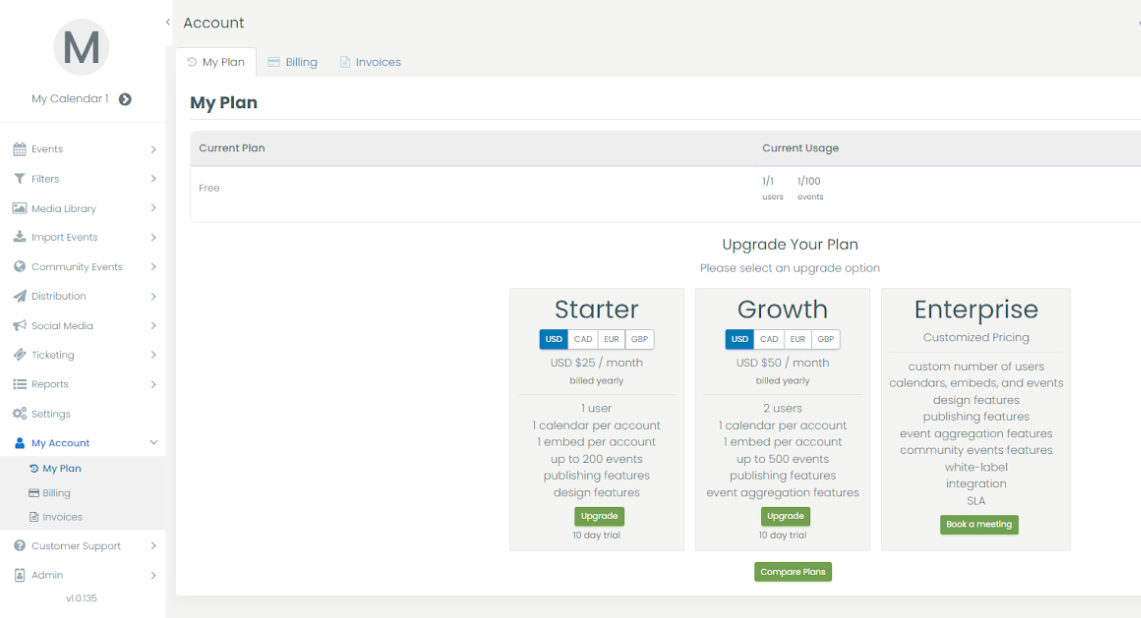 tela de impressão de Timely dashboard da plataforma de eventos mostrando os planos disponíveis